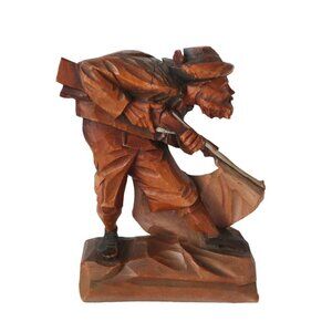 Hand-Carved Wooden Figurine Of Hunter With Rifle Signed Base Germany